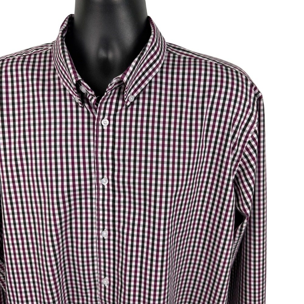 Chaps Mens XL Regular Fit Gingham Button Down Shirt Burgundy‎ Black Bamboo Blend
